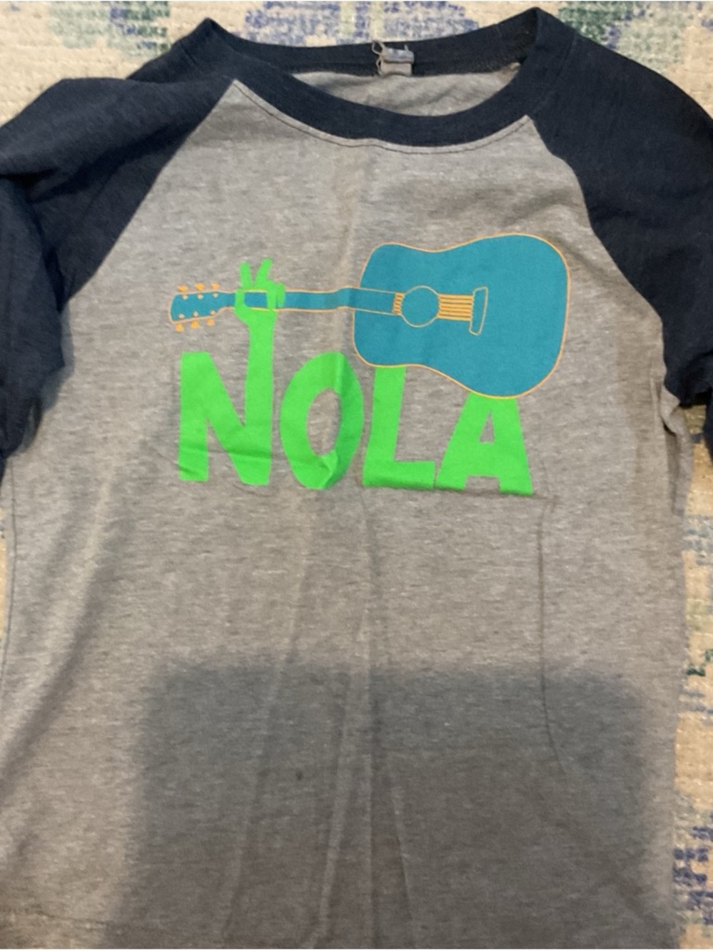 Kids' Raglan Tee with Bright NOLA Guitar Graphic - Gray & Navy